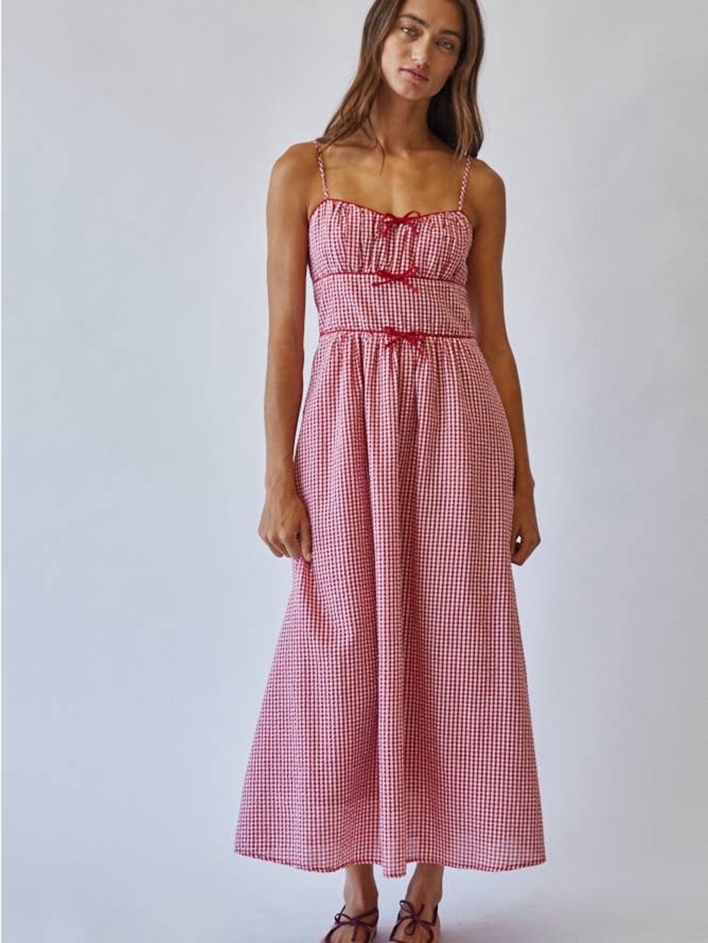 Red Gingham Midi Sundress with Spaghetti Straps